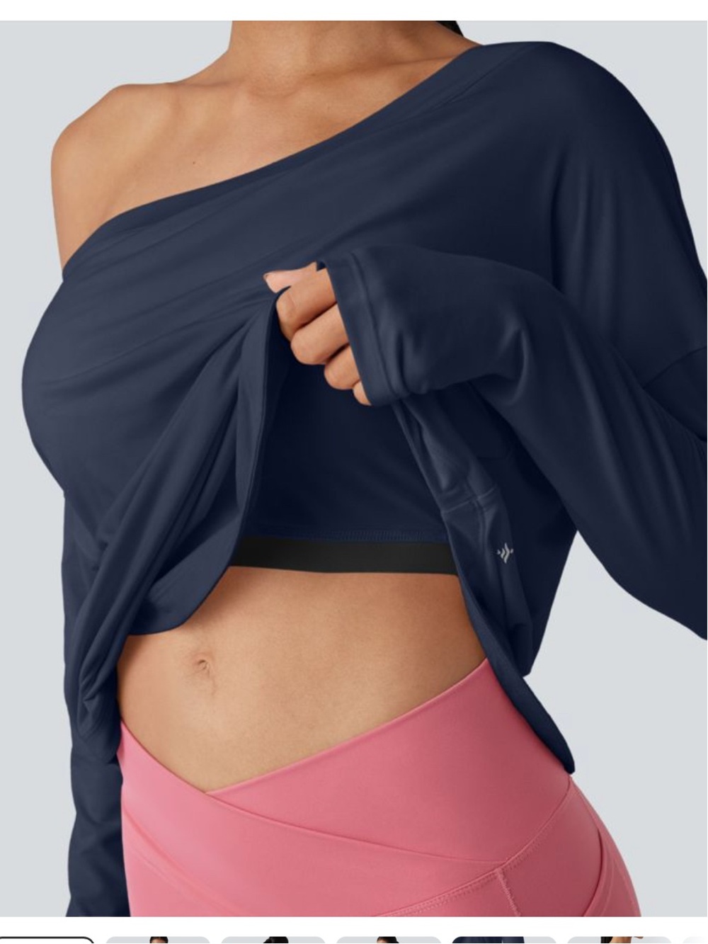 HALARA Navy Off-the-Shoulder Long Sleeve Top with Thumbholes